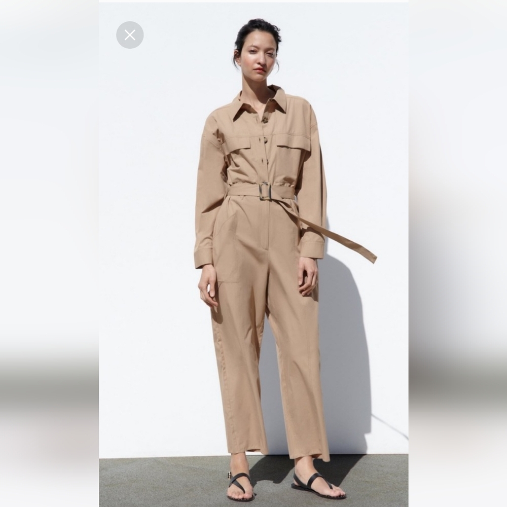 Zara Beige Tan Long Belted Jumpsuit Size S